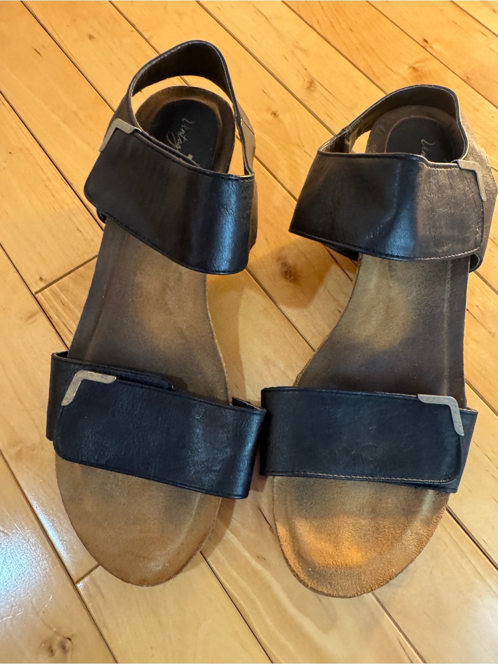 Women's Black Leather Wedge Sandals